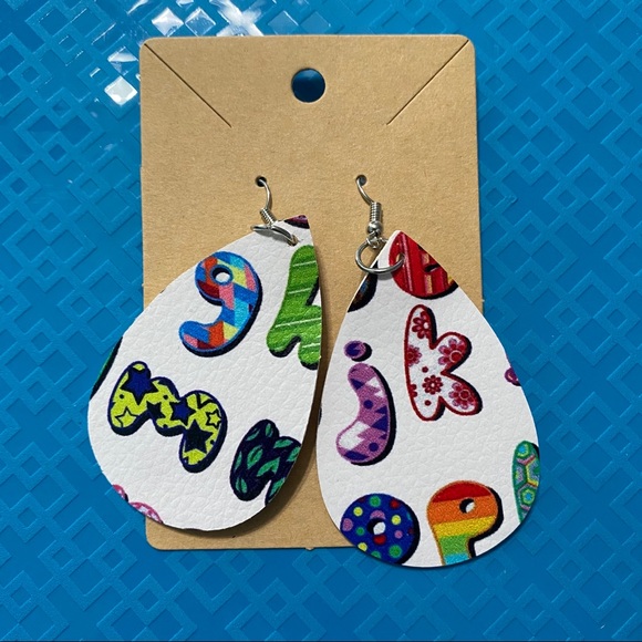 Faux Leather Teardrop ABC Teacher Rainbow Earrings - Picture 3 of 4